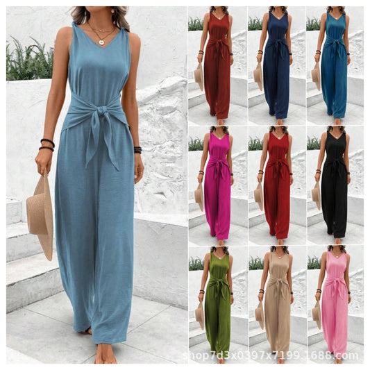 Womens V-neck Sleeveless Wide-leg Jumpsuit