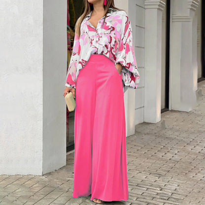 Flowers Print Suits Fashion Casual Button-up Long-sleeved Shirt And Wide-leg Pants Loose Beach Trousers Set