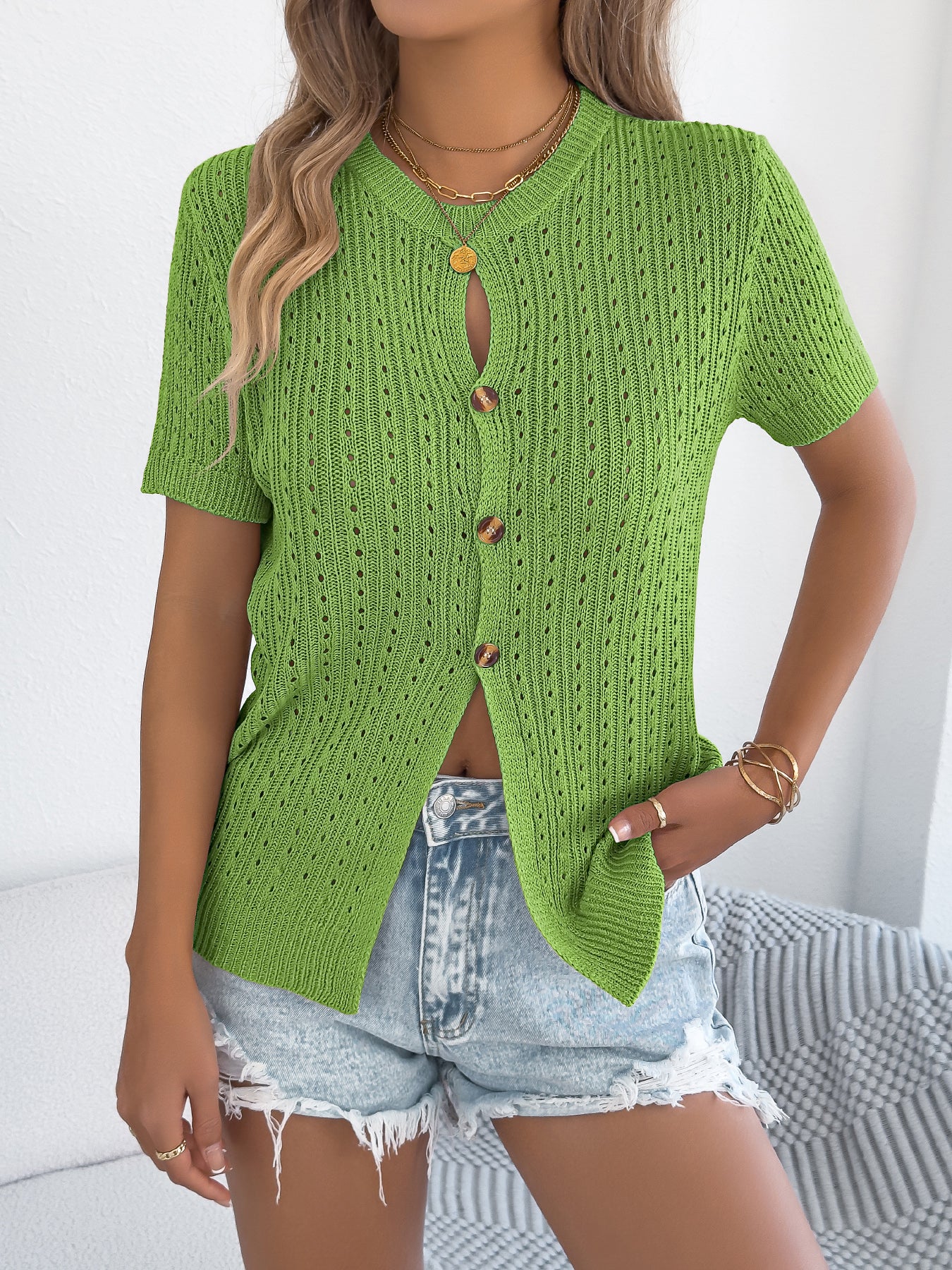 WomenS  Solid Color Hollow Out Button Short Sleeve Knit Top