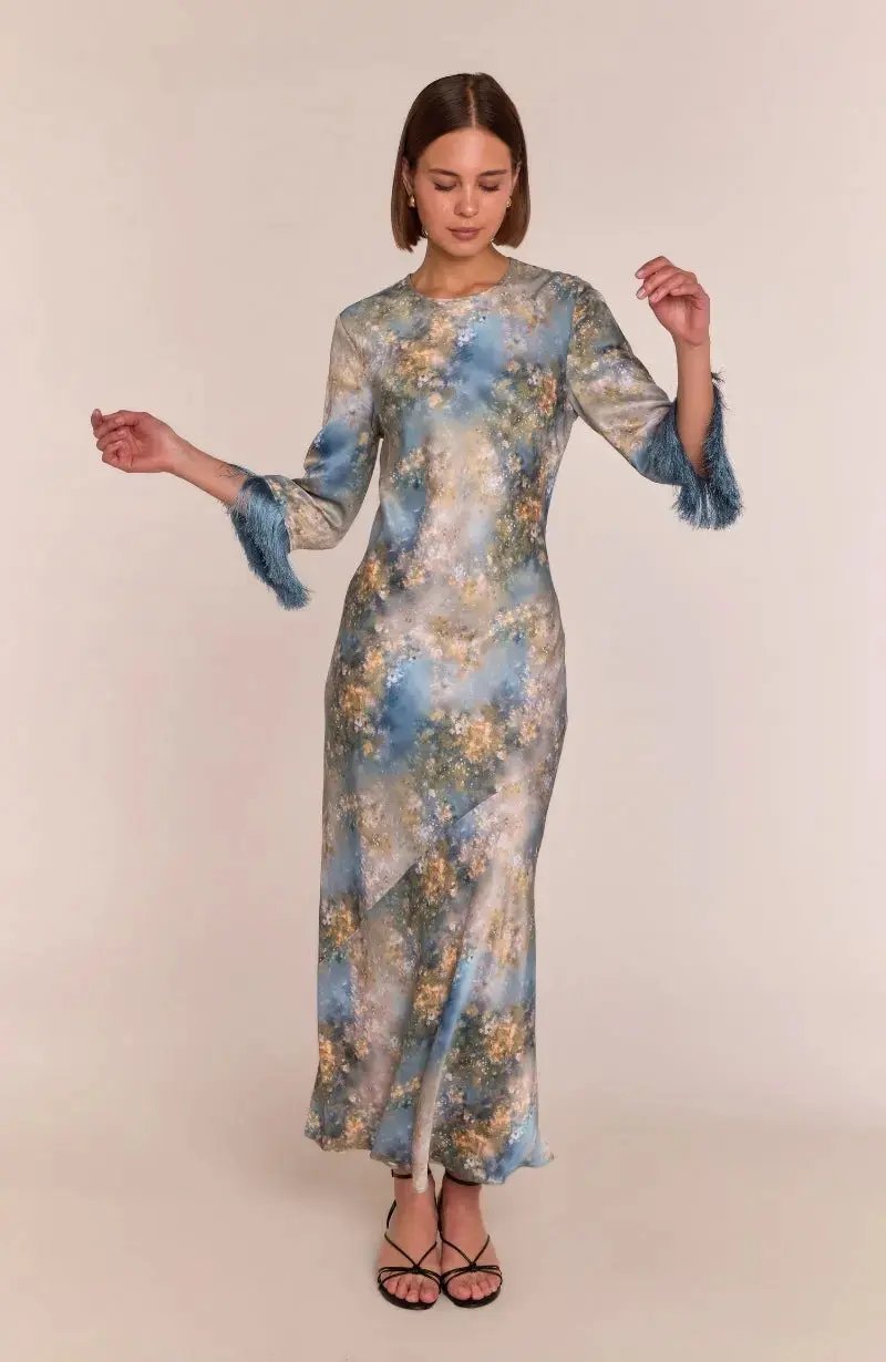 Dolly Fringe Long Sleeve Dress in Blue Print
