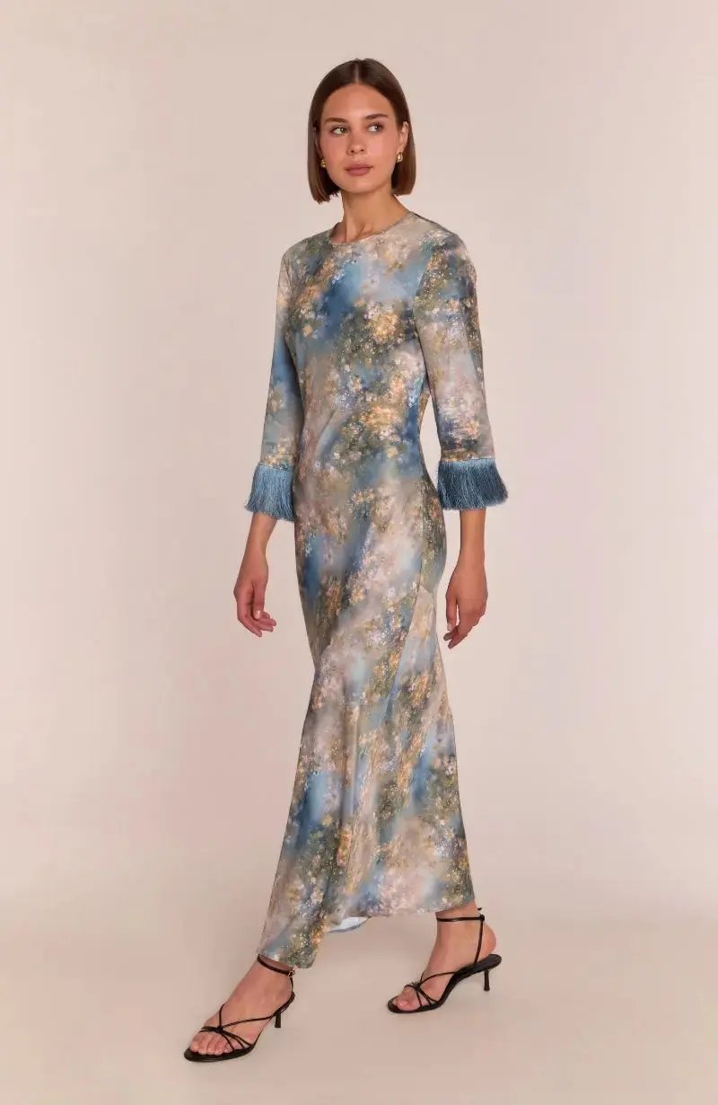 Dolly Fringe Long Sleeve Dress in Blue Print