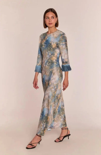 Dolly Fringe Long Sleeve Dress in Blue Print