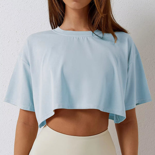 Cotton Women Short Sleeve Dance Running Clothes Yoga Fitness Crop Top Navel Baring New Sport T-Shirt Loose Gym Workout Shirts