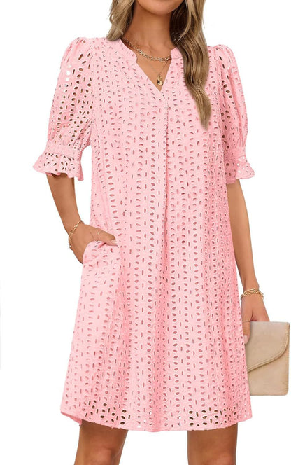 SpringSummer V Neck Pleated Collar Hollow Out Floral Lace Dress