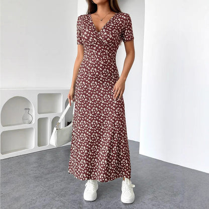 Womens Short-Sleeve Mid-Length Floral V-Neck Dress