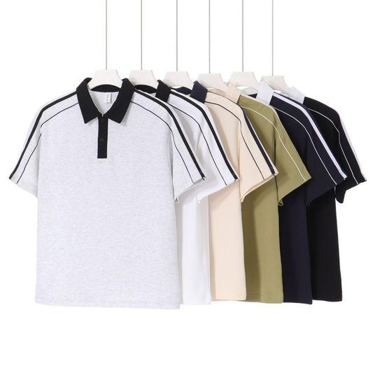 Casual Lapel Short Sleeve T-Shirt Loose Cotton Drop Shoulder Polo Shirt