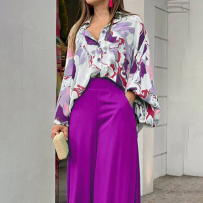 Flowers Print Suits Fashion Casual Button-up Long-sleeved Shirt And Wide-leg Pants Loose Beach Trousers Set