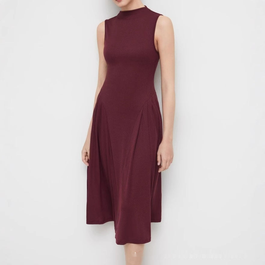 Women's Sleeveless Skirt Turtleneck Pure Color Ruffles Dress