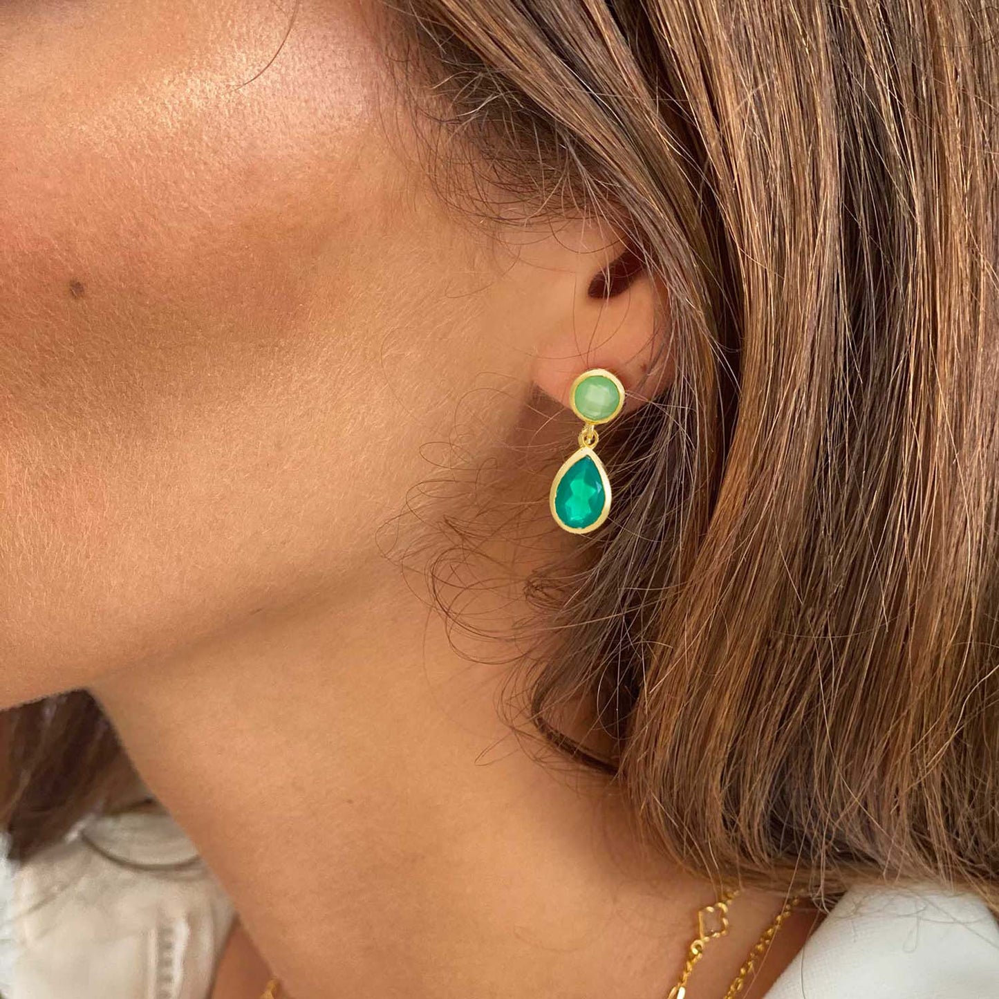 Gold Double Gemstone Drop Earrings with Green Onyx & Prenite