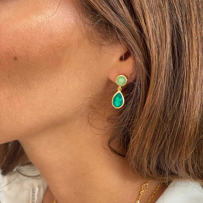 Gold Double Gemstone Drop Earrings with Green Onyx & Prenite