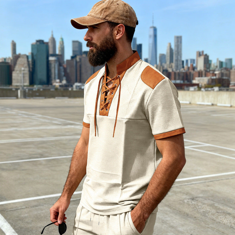 Mens Casual Medieval-Style Drawstring-Collar Short-Sleeve T-Shirt