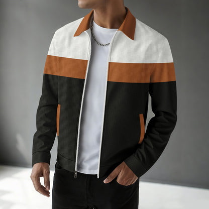 Waffle-knit Colorblock Cardigan With Zippered Pockets And A Notched Collar