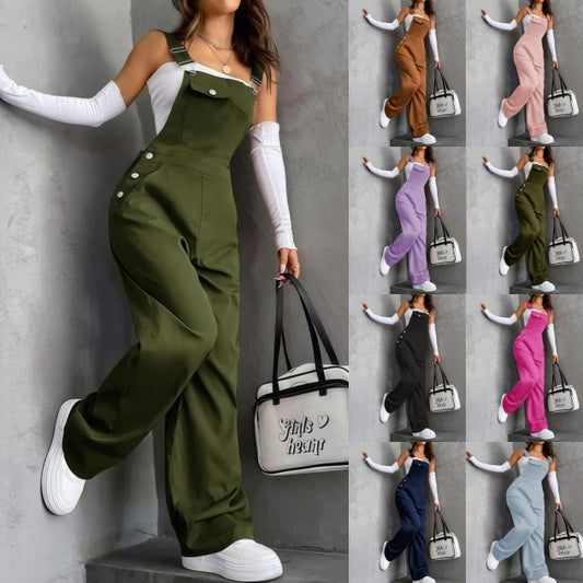 Retro Pocket Solid-Color Straight-Leg Workwear Suspender Jumpsuit