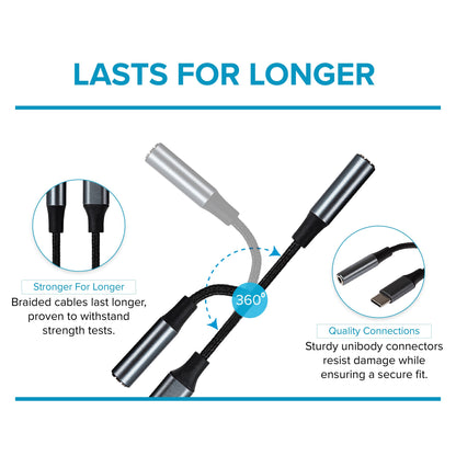 Maplin USB-C to 3.5mm Female Jack Headphone Aluminium Braided Adapter Cable - Black, 5cm