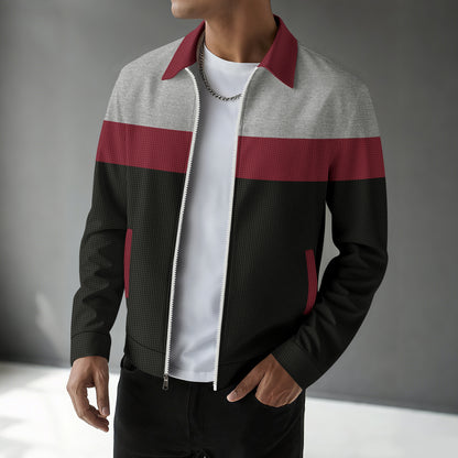 Waffle-knit Colorblock Cardigan With Zippered Pockets And A Notched Collar