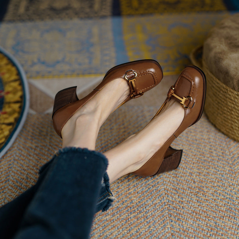 Womens Retro Square-Toe French-Style Chunky-Heel Pumps