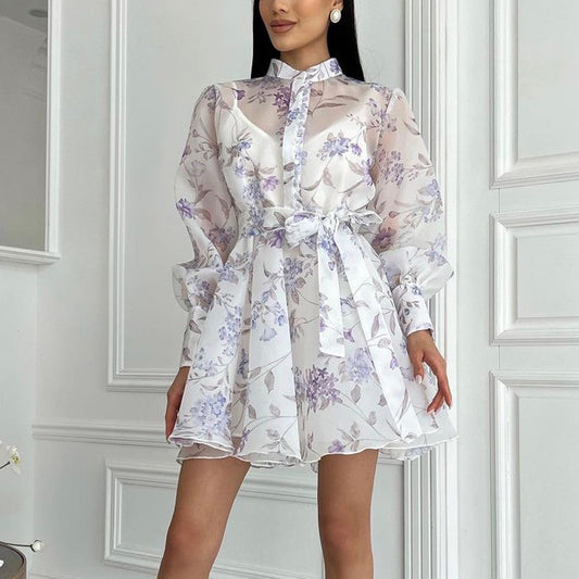 Stand-collar Long-sleeve Tie-front Printed Dress