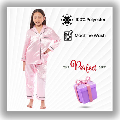 Girls Satin Silk Long Sleeve Pyjama Set Elegant Loungewear Cosy Nightwear Button-Down Shirt Loose-Fit Pants Black Pink Grey Sizes 5-14 by Daisy Dreamer