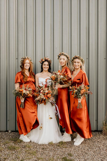 Florence Waterfall Dress in Burnt Orange Satin