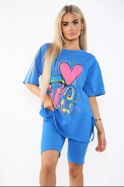 Cycling Short and T-Shirts Co-Ord Two Piece Side Slit Set with Front Printed Slogan