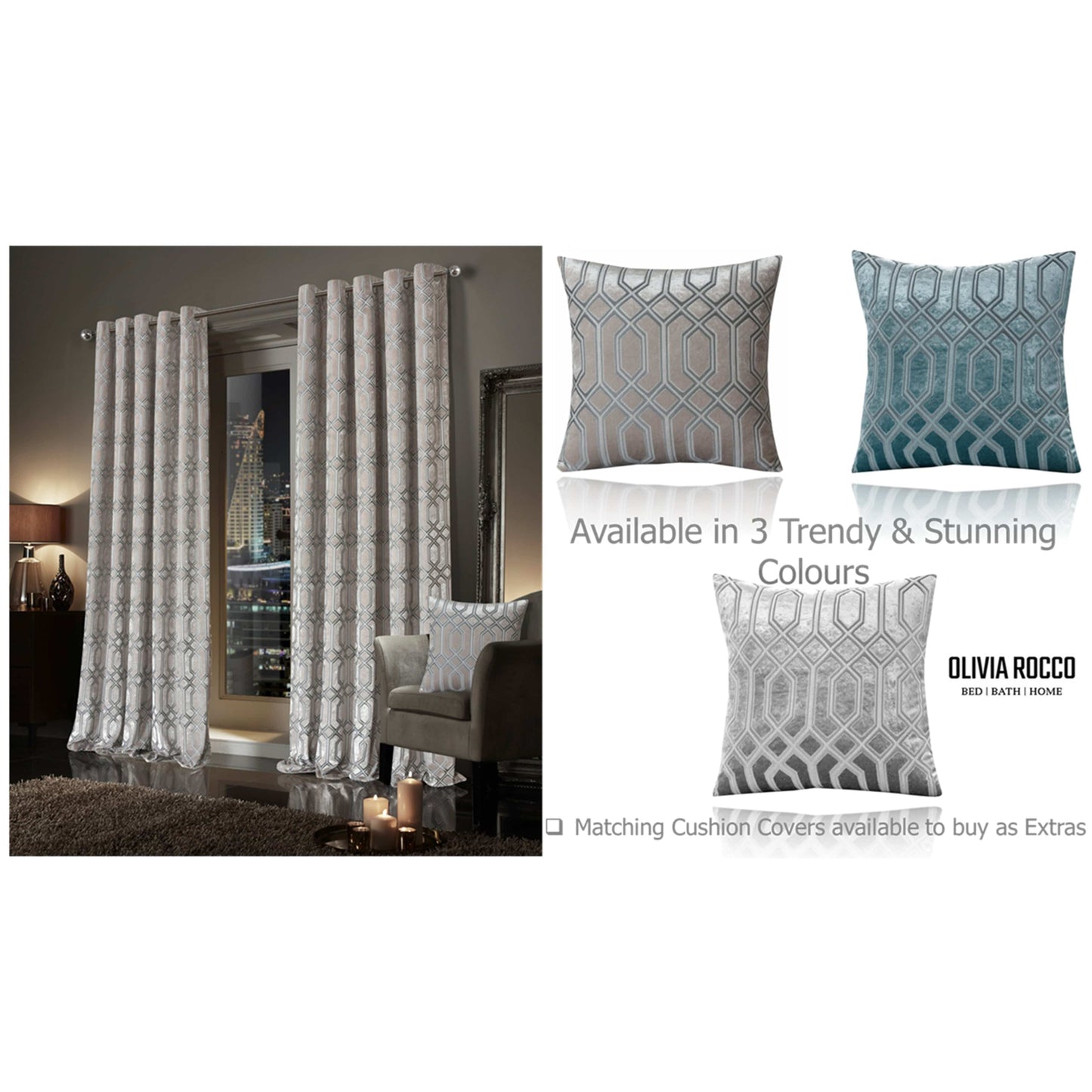 Luxe Geo Velvet Eyelet Curtains Champagne Thermal Insulated Soundproof Light Blocking Drapes for Bedroom & Lounge by OLIVIA ROCCO