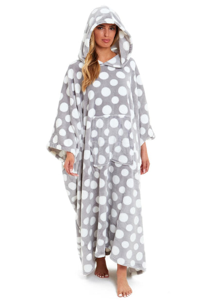 Oversized Hooded Fleece Poncho Blanket with Stars and Polka Dots Plush Wearable Blanket with Front Pocket for Adults Indoor Outdoor by Daisy Dreamer