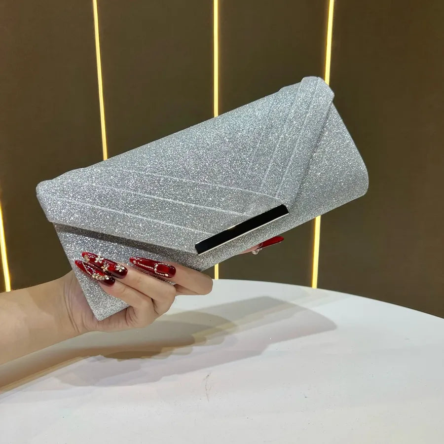 Shiny Evening Bag Clutch Chain Shoulder Bag Luxury Fashionable Polyester Square Envelope Bag Folded Edge Design For Banquet