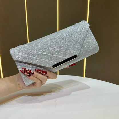 Shiny Evening Bag Clutch Chain Shoulder Bag Luxury Fashionable Polyester Square Envelope Bag Folded Edge Design For Banquet