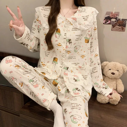 Cloud Cotton Long Sleeve Sleepwear Women's Spring Autumn Style Cute Doll Collar Home Clothes Breathable Casual Sleepwear