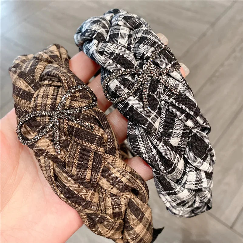 Comfortable Women's Hairband Twist Braid Design Vintage Style Black White Checkered With Water Diamond Butterfly Knot Top Accessory