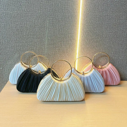 New Women's Handbag Pleated Evening Bag Party Dress Ball Gown Ring KTV Princess Socialite Bag Shell Shape Polyester Material