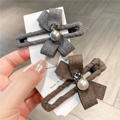 Pearl Butterfly Knot Fabric Duckbill Clip Women's Hair Accessories Sweet Side Hairpins Casual Style Mixed Material Hairgrips