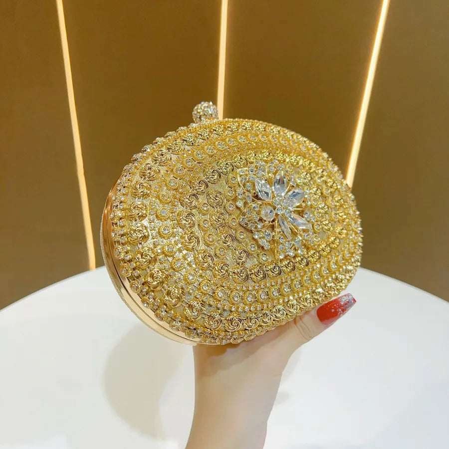 Elegant Evening Clutch Bag With Diamond Embellishments For Women Handbag Fashionable Chain Detail Polyester Oval Shell Bag