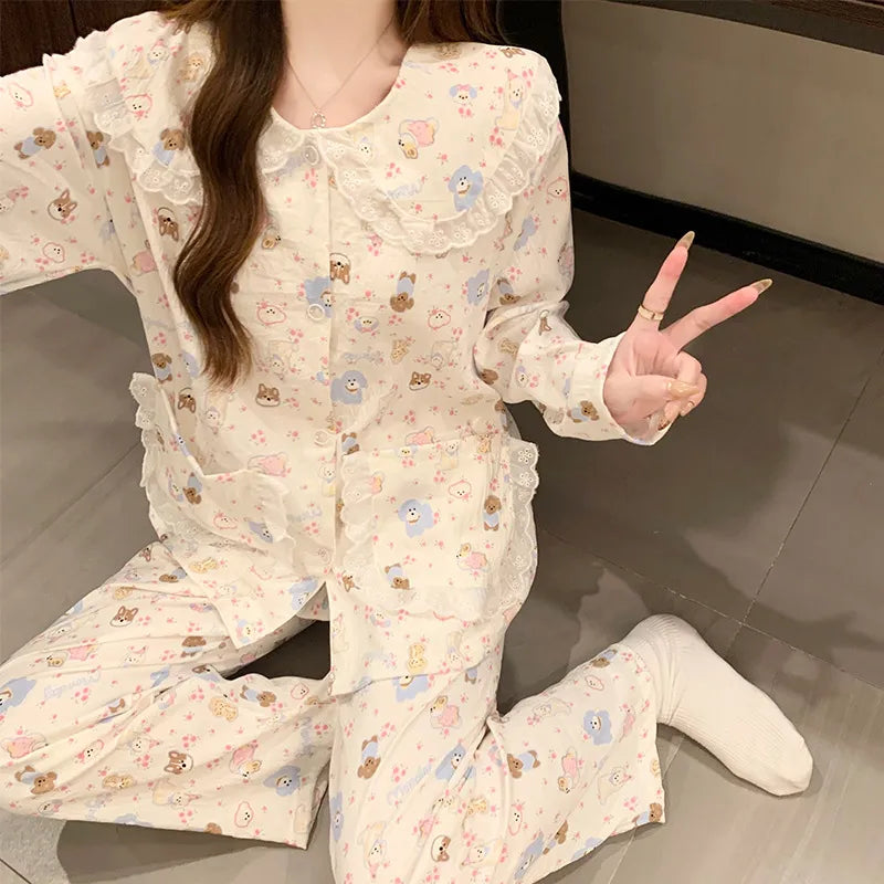Cloud Cotton Long Sleeve Sleepwear Women's Spring Autumn Style Cute Doll Collar Home Clothes Breathable Casual Sleepwear