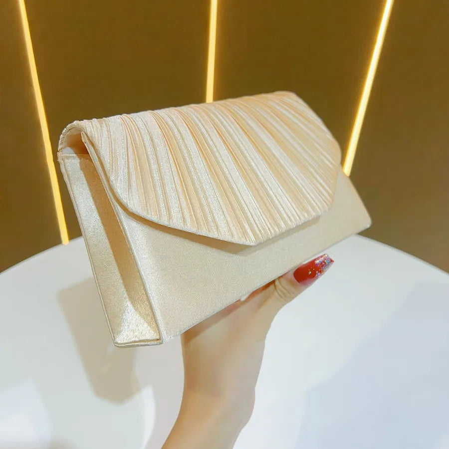 New Fashionable Evening Clutch Bag For Women Wedding Dinner Shoulder Bag Polyester Square Bag With Pleated Design