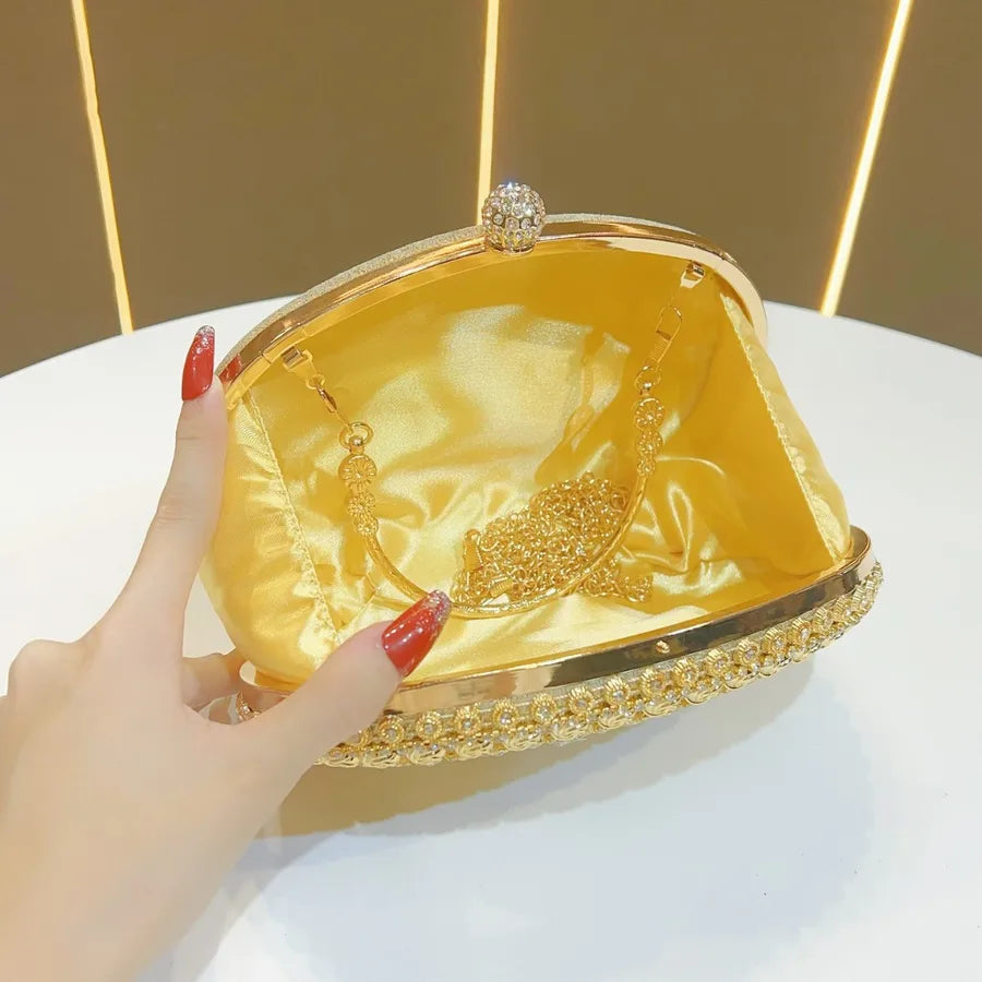 Elegant Evening Clutch Bag With Diamond Embellishments For Women Handbag Fashionable Chain Detail Polyester Oval Shell Bag