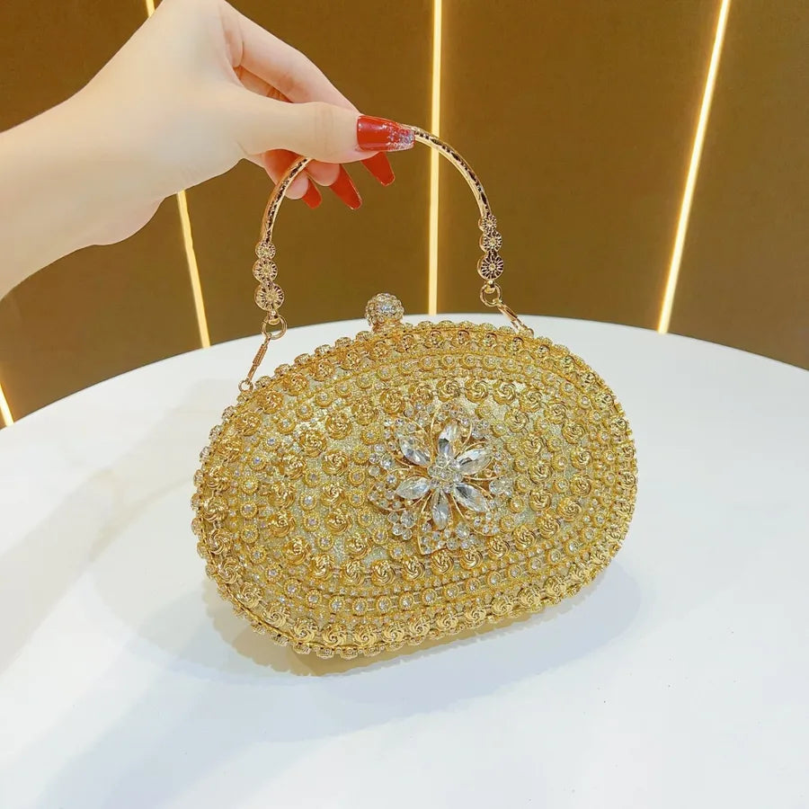 Elegant Evening Clutch Bag With Diamond Embellishments For Women Handbag Fashionable Chain Detail Polyester Oval Shell Bag