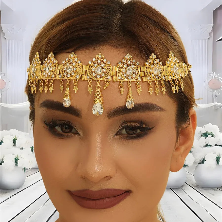 Gold Plated Crystal Embedded Waterdrop Shaped Hairband Arabic Wedding Headwear Women's Original Design Crown Hair Accessory