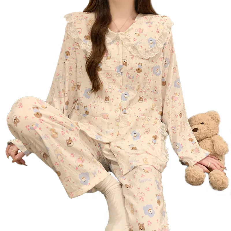 Cloud Cotton Long Sleeve Sleepwear Women's Spring Autumn Style Cute Doll Collar Home Clothes Breathable Casual Sleepwear