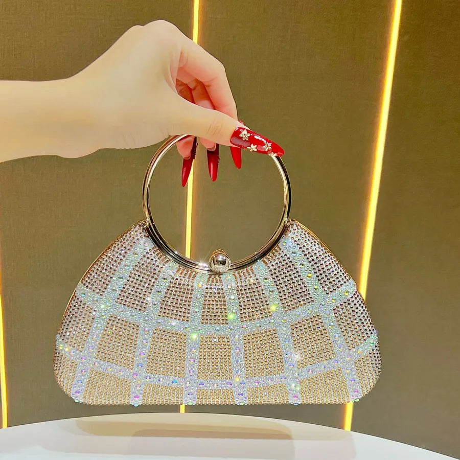 Elegant Diamond Embedded Crossbody Shoulder Bag New Fashion High Value Women's Handbag Shell Shape Polyester Evening Bag