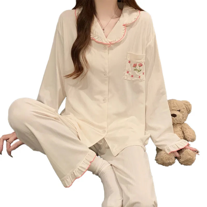 Tulip Floral Cotton Like Sleepwear Women's Long Sleeve Home Clothes Set Sweet Lace Design Comfortable Breathable All Seasons