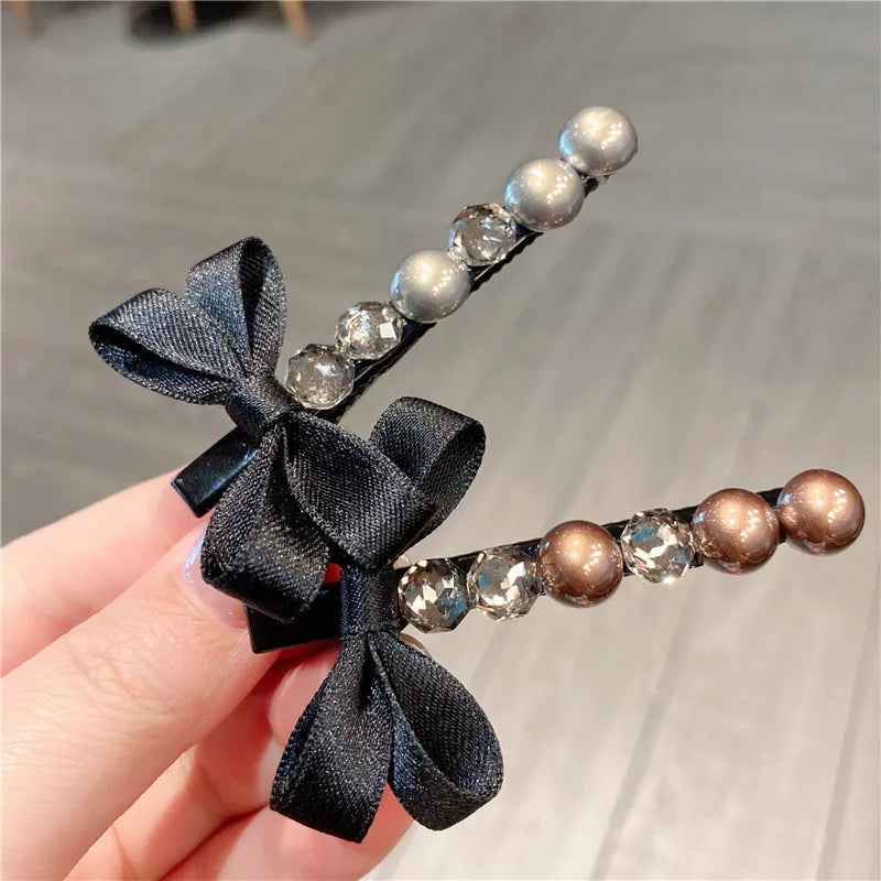 Elegant Pearl Fabric Hair Clip With Water Diamond Butterfly Knot Side Duckbill Hair Clip For Bangs Women's Chic Hair Accessories