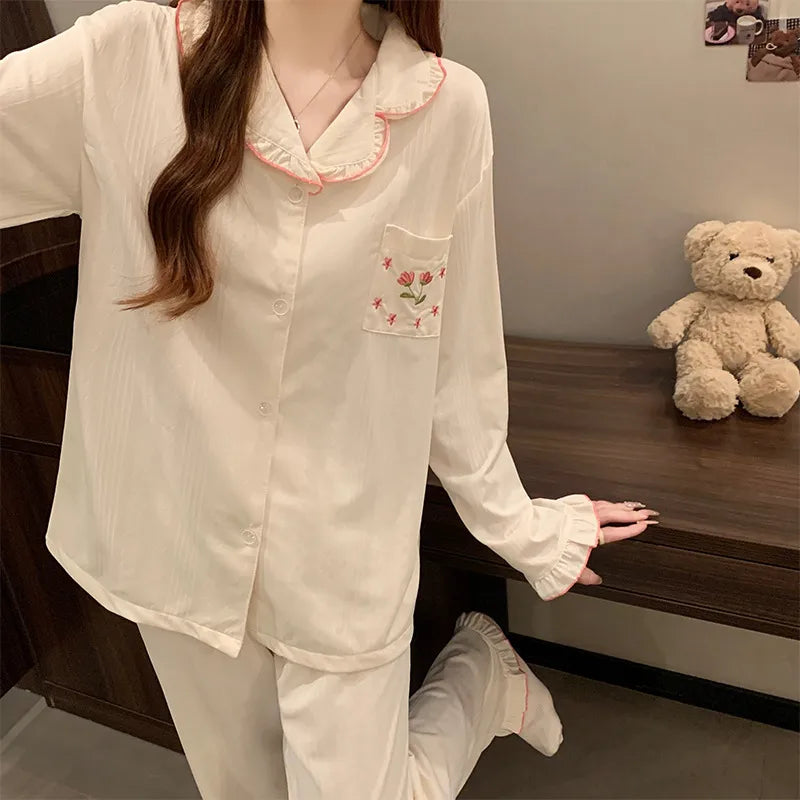 Tulip Floral Cotton Like Sleepwear Women's Long Sleeve Home Clothes Set Sweet Lace Design Comfortable Breathable All Seasons
