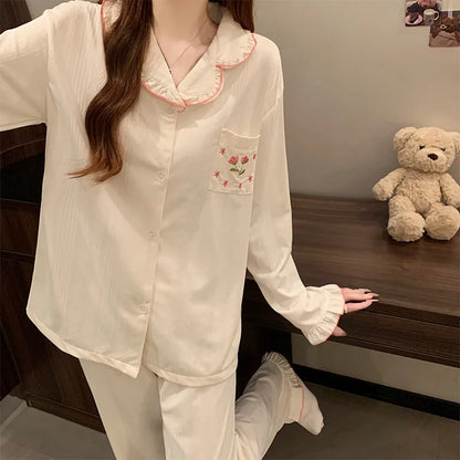 Tulip Floral Cotton Like Sleepwear Women's Long Sleeve Home Clothes Set Sweet Lace Design Comfortable Breathable All Seasons