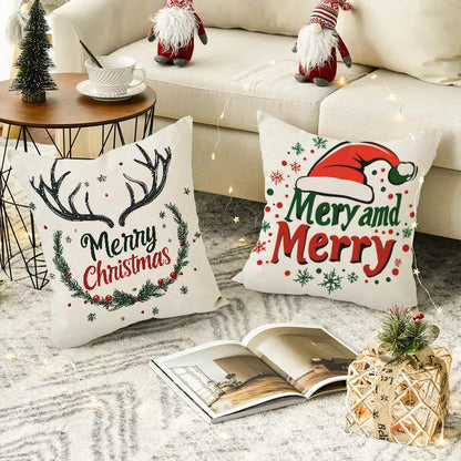 Christmas Linen Pillowcase Santa Claus Print Living Room Sofa Cushion Cover Festival Pillowcase Home Decorative Accessories