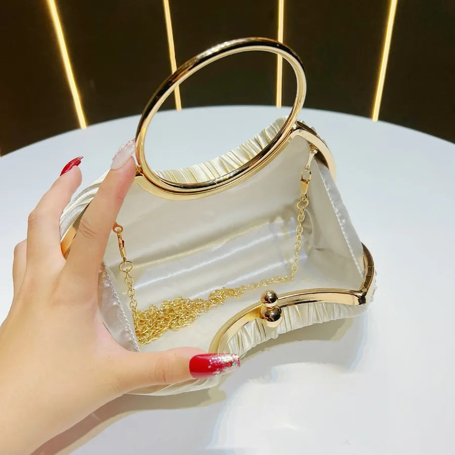 New Women's Handbag Pleated Evening Bag Party Dress Ball Gown Ring KTV Princess Socialite Bag Shell Shape Polyester Material