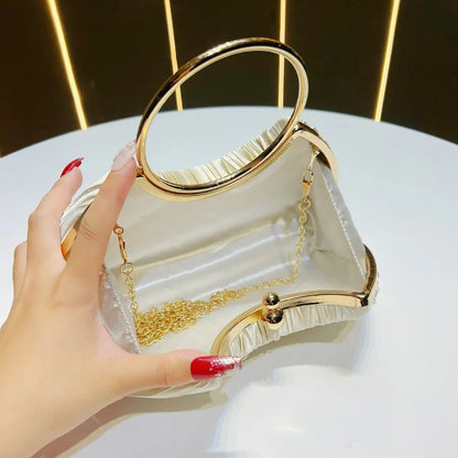 New Women's Handbag Pleated Evening Bag Party Dress Ball Gown Ring KTV Princess Socialite Bag Shell Shape Polyester Material