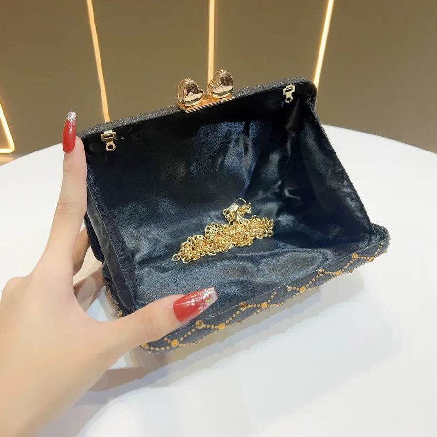 Fashionable Full Diamond Handbag Shoulder Dinner Bag For Women Square Polyester Bag With Chain Elegant Lady Clutch Purse