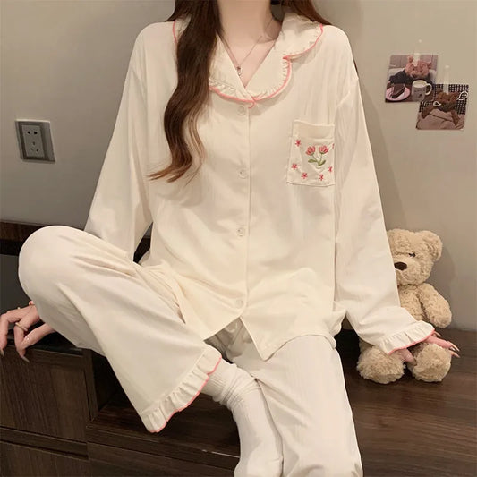 Tulip Floral Cotton Like Sleepwear Women's Long Sleeve Home Clothes Set Sweet Lace Design Comfortable Breathable All Seasons