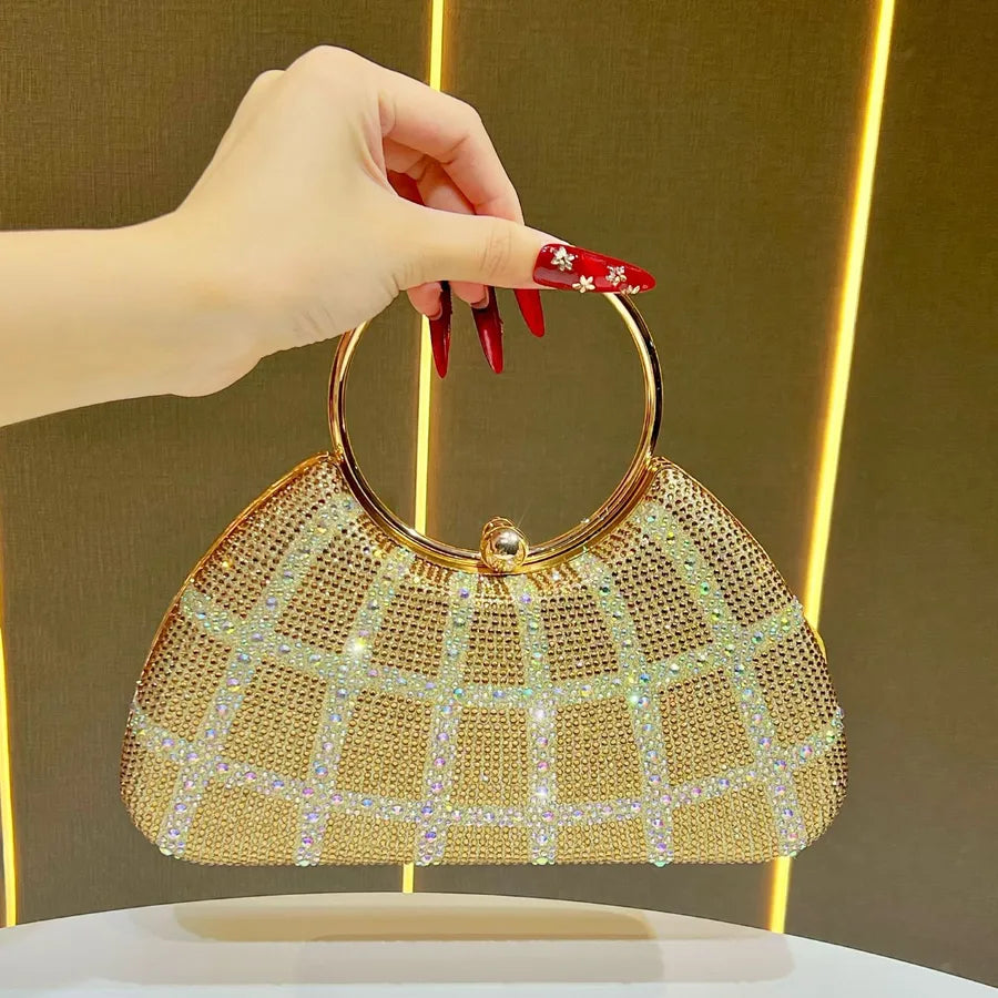 Elegant Diamond Embedded Crossbody Shoulder Bag New Fashion High Value Women's Handbag Shell Shape Polyester Evening Bag